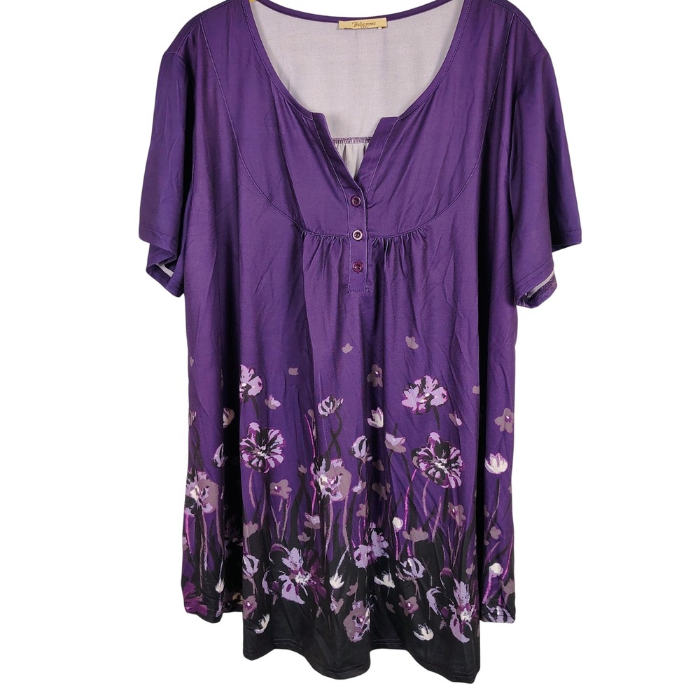 Womens XXXL Bebonnie Floral Henley Tunic Top Purple Short Sleeve Cottagecore